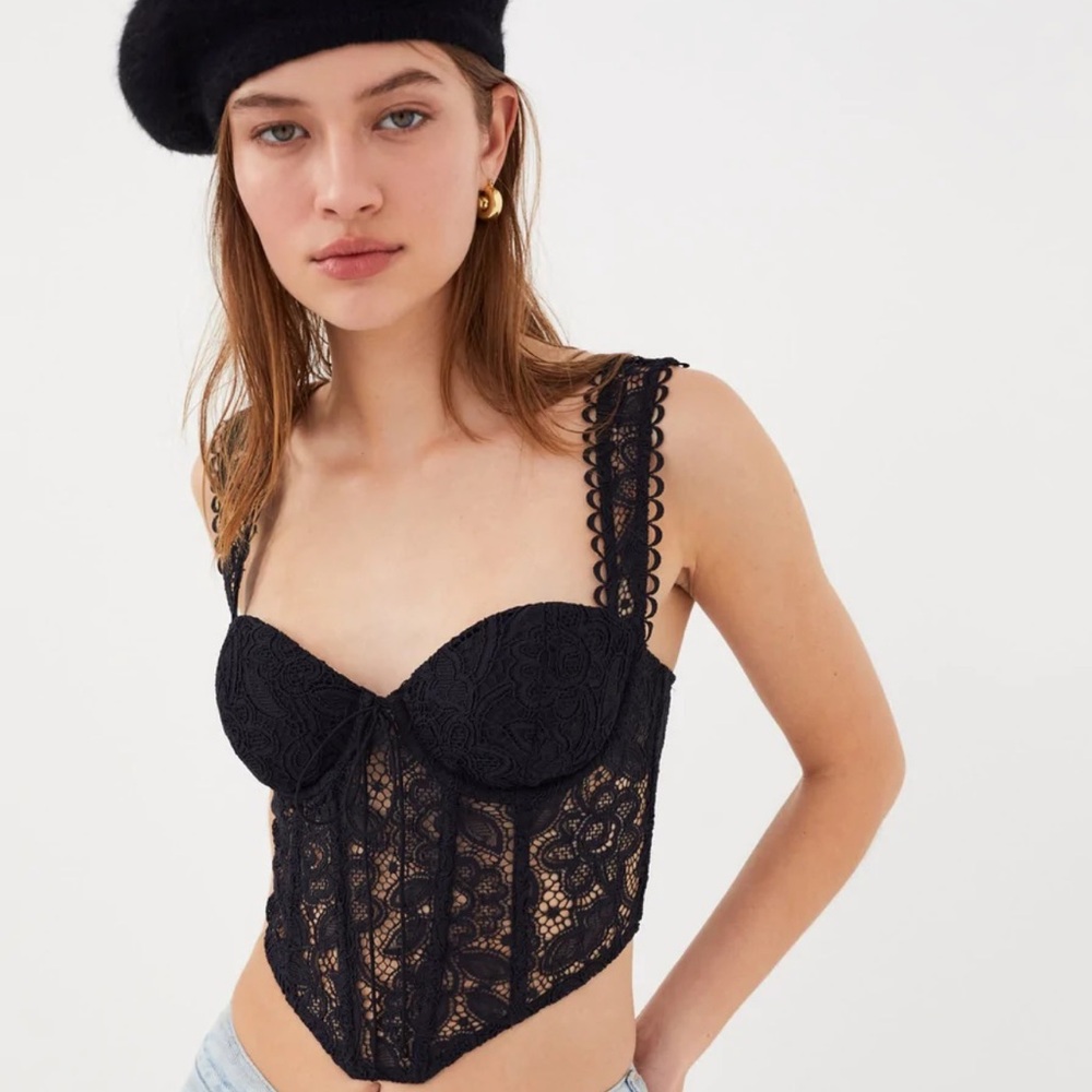 For Love And Lemons Sammi Crop Lace Corset Top in Black - Size XS